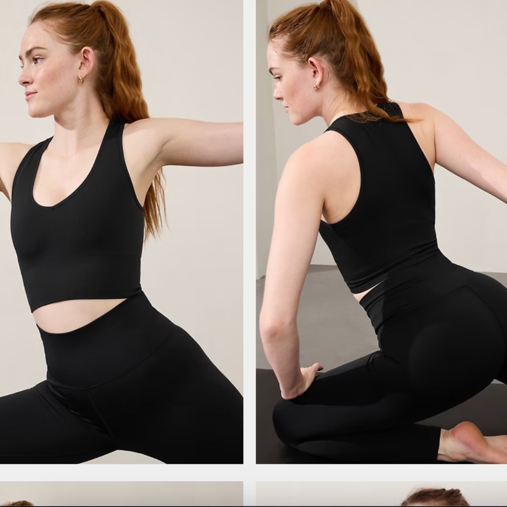 NWT ATHLETA AURORA SEAMLESS CROP RIB TANK BLACK V NECK LOW CUT WORKOUT YOGA TOP